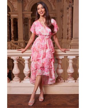 Quiz Floral Print Chiffon Tiered Dip Hem Dress Material_Polyester - Pink