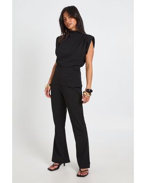 Boohoo Petite Scuba Crepe Shoulder Pad Top And Flare Set - Blue