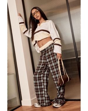 Boohoo Check Wide Leg Drawcord Waist Trousers - Brown