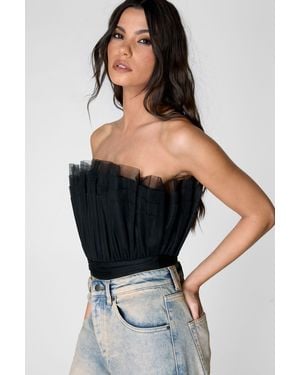 Nasty Gal Pleated Tulle Bandeau Bodysuit - Black