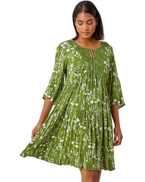 Roman Floral Print Lace Detail Smock Dress - Green