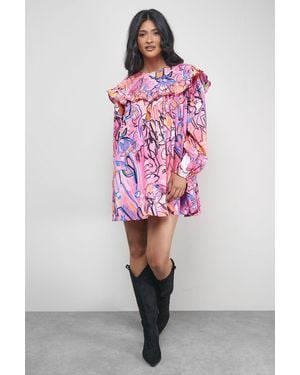 Warehouse Tony Rodeo Cotton Frill Yoke Mini Smock Dress - Pink