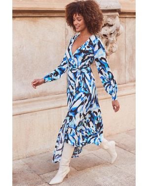 Sosandar Abstract Print Blouson Sleeve Wrap Jersey Midi Dress - Blue