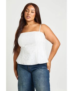 Boohoo Plus Spaghetti Strap Broderie Peplum Top - White