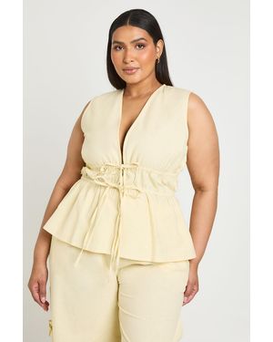 Boohoo Plus Linen Look Shirred Waist Tie Front Detail Top - Natural
