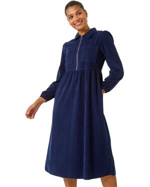 Roman Corduroy Zip Detail Midi Dress - Blue