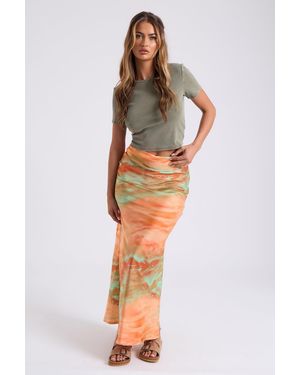 Urban Bliss Chiffon Floral Ruched Side Midi Skirt - Orange
