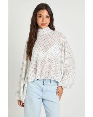 Boohoo Polka Dot High Neck Elasticated Waist Batwing Top - White