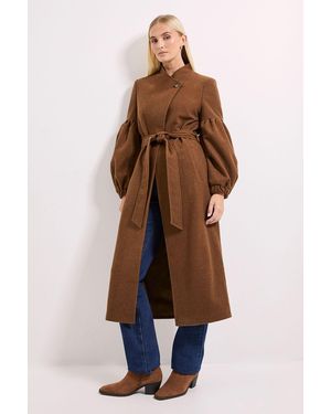 Wallis Wrap Front Balloon Sleeve Coat - Brown