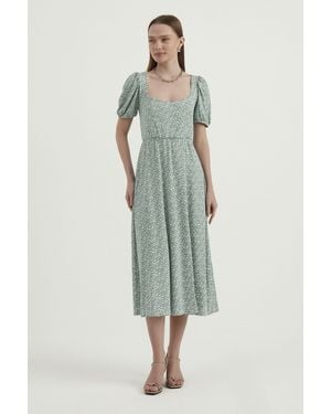 Hiccup Floral Scoop Neck Balloon Sleeves Midi Dress - Green