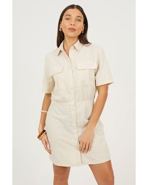 Brave Soul Collared Button Down Mini Shirt Dress - Natural