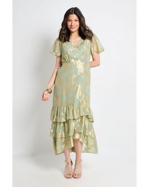 Wallis Metallic Ruffle Hem Midi Dress - Green