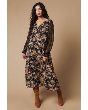 Oasis Petite Folk Lace Sleeve Ruffle Front Midi Dress - Brown