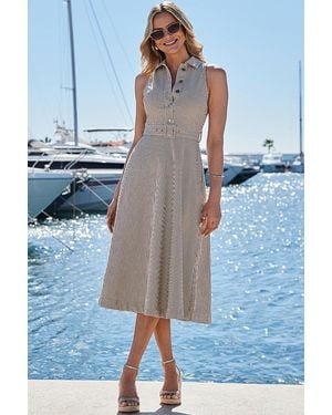 Sosandar Ecru Stripe Fit & Flare Denim Dress With Belt - Blue