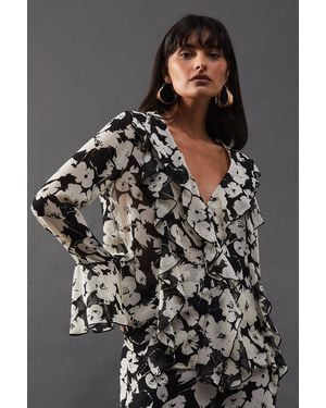 Warehouse Floral Chiffon Ruffle Front Blouse - Grey