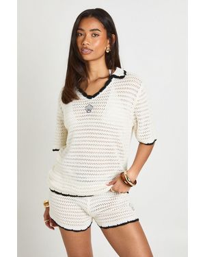 Boohoo Shell Embroidered Crochet Shirt And Short Co-Ord - White