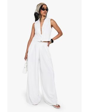 Boohoo Linen Look Pleat Front Wide Leg Tailored Trousers - White