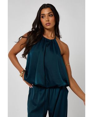Urban Bliss Halterneck Ruched Top With Bubble Hem - Blue