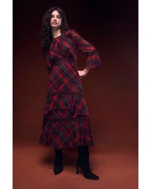 Oasis Printed Tiered Fluted Sleeve Lace Insert Midi Dress