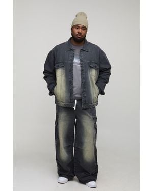 BoohooMAN Plus Tinted Washed Boxy Oversized Jean Jacket - Blue