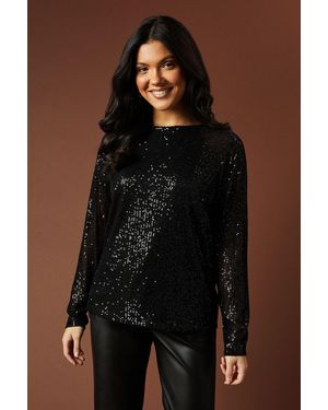 Oasis Sequin Chiffon Bow Back Top - Brown