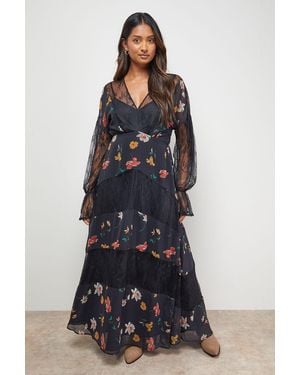 Oasis Printed Lace Panel Detail V Neck Midaxi Dress - Blue