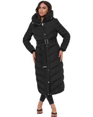 JESS Long Puffer Coat With Belt & Hood - Black