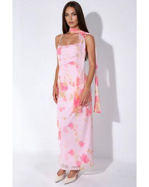 Hiccup Patterned Tulle Midi Dress With Scarf Detail - Pink