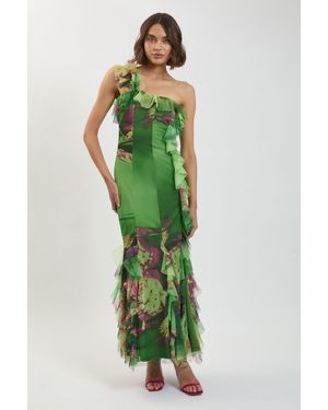 Karen Millen One Shoulder Tulle Maxi Dress - Green