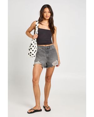 Boohoo Tall High Waist Ripped Mom Shorts - Grey