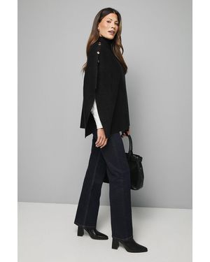 Wallis Button Detail High Neck Knitted Poncho Jumper - Black