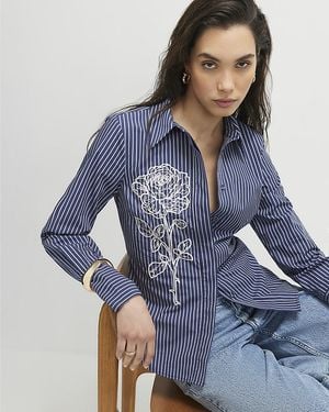 River Island Shirt Striped Long Sleeve Embroidered Cotton - Blue