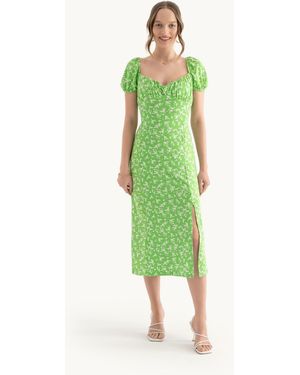 Hiccup Floral Sweetheart Neck Puff Sleeves Midi Dress With A Side Slit - Green