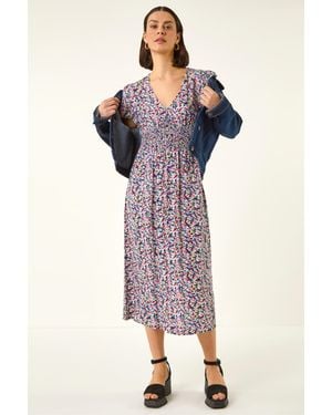 Roman Abstract Print Shirred Midi Dress - Pink