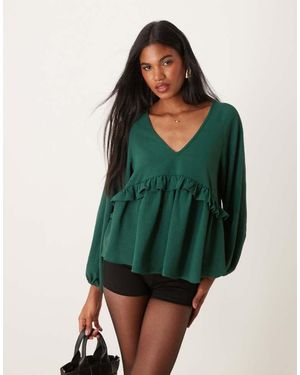 ASOS V Neck Smock Top With Ruffle - Green