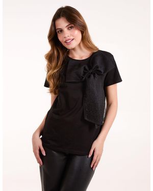 Blue Vanilla Embellished Bow Applique T-Shirt - Black