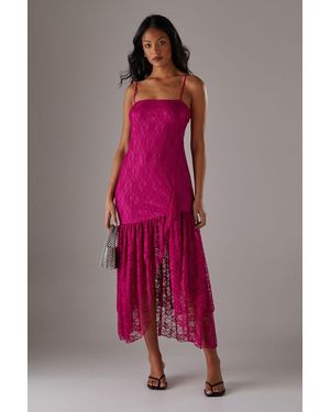 Warehouse Lace Strappy Drop Waist Ruffle Midi Dress - Pink