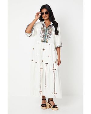 Oasis Embroidered Tie Neck Cotton Midi Dress - White