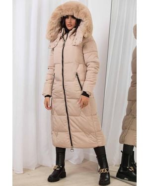 JESS Long Puffer Coat With Faux Fur Hood & Zip Pockets - Natural