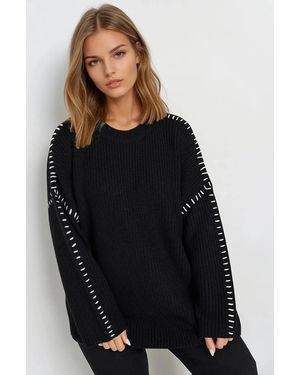 Yours Blanket Stitch Relaxed Jumper - Black