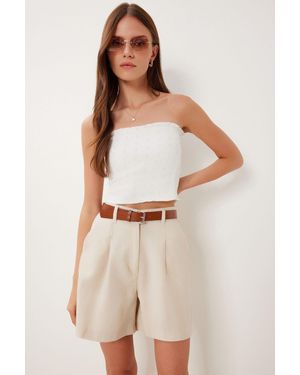 Happiness İstanbul High Waist Belted Wide Leg Shorts - Natural