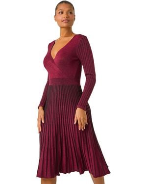 Roman Metallic Wrap Knitted Midi Dress - Red