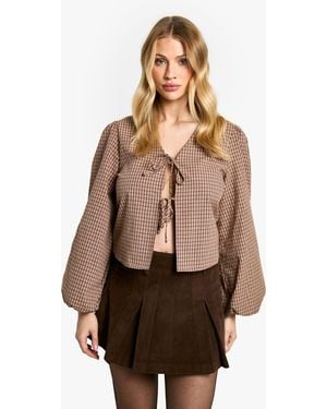 Boohoo Maternity Woven Flannel Balloon Sleeve Tie Detail Top - Natural