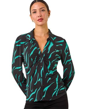 Roman Abstract Linear Print Stretch Blouse - Green
