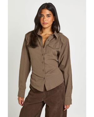 Boohoo Cinched Stripe Fitted Shirt - Brown