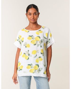 Blue Vanilla Linen Front Lemon Print Top With Sequin - White