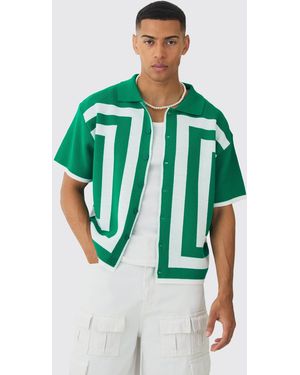 BoohooMAN Oversized Boxy Border Knit Revere Shirt - Green
