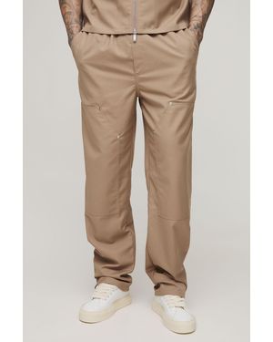 BoohooMAN Tall Straight Leg Carpenter Detail Trousers - Natural