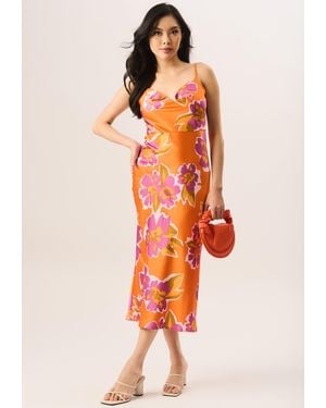 Gini London Floral Print Cowl Neck Slip Midi Dress - Orange