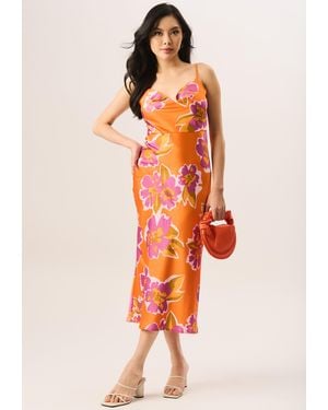 Gini London Floral Print Cowl Neck Slip Midi Dress - Orange